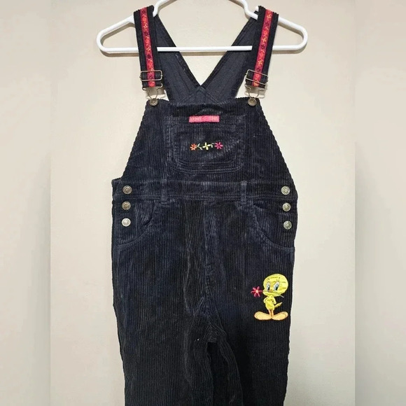 Vintage Looney Tunes Tweety Bird Corduroy Bib Overalls Girls Size 10/12 Black - Picture 3 of 10